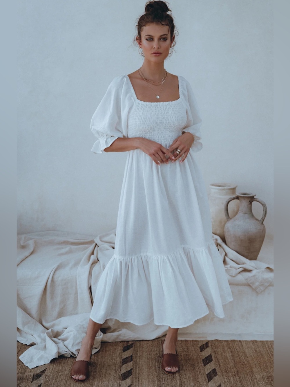 Hand Made Bali Lane Almeria Organic Linen Smocked Midi Dress White S